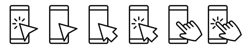 icons of a smartphone and hand clicks, symbolizing user interaction, mobile apps, or digital navigation. Editable stroke. vector