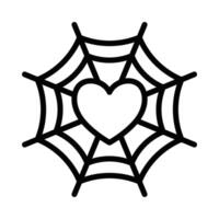 icon of a heart in the center of a spider web, symbolizing love, entanglement, or a romantic trap. Editable stroke. vector