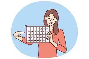 Woman with calendar points finger at dates suggesting to do planning and time management vector