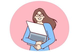 Geek woman with laptop hugs favorite gadget rejoicing at opportunity to learn via internet vector