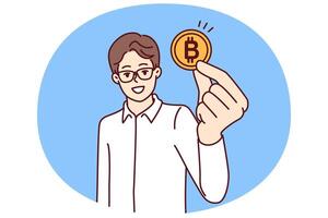 Man trader with bitcoin coin calls for mining or investing in cryptocurrency and blockchain tech vector