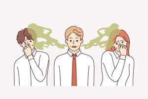 Unpleasant odor from man mouth irritated colleagues who feel disgust and hostility vector