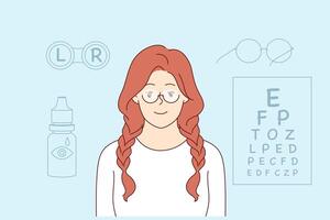 Woman solves vision problems with glasses or contact lenses and stands near ophthalmology table vector