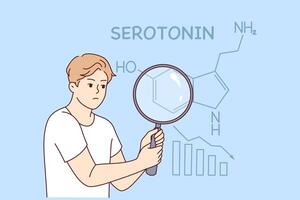 Flaw of hormone serotonin in man holding magnifying glass and suffering from lack of sunlight vector