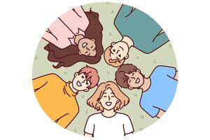 Happy children lie on green grass and smile enjoying walk in park in hot summer weather vector