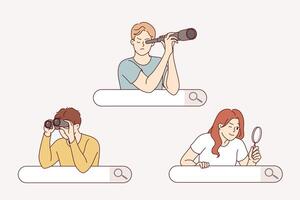 People search on internet, using binoculars or magnifying glass, looking out from behind search bar vector