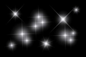 White sparkle lights, flashing lights, light effects, sunlight lens flare, glowing ray beams, sparkling starsicon on black background. vector