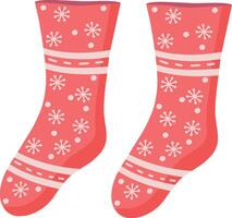 A pair of knitted red socks with a pattern. Collection of socks, winter illustration. A set of fashionable clothes in an individual style. New Year's illustration. New Year and Christmas vector
