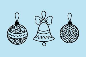 A set of Christmas tree toys. Flat linear images of Christmas balls and a bell. black and white Christmas toys, a symbol of Christmas and New Year. It is used for design, banner, coloring books vector