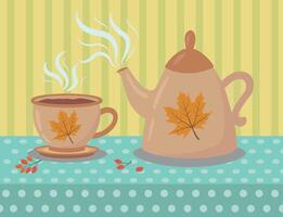 illustration of a teapot and a cup on the table. The ceremony of tea drinking on herbs. A kettle for making healthy hot drinks. Autumn illustration. vector