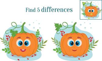 Find 5 differences between two images of a cute pumpkin. A cartoon pumpkin in the greenery. An educational logic game for children. illustration. An educational game for Halloween. vector