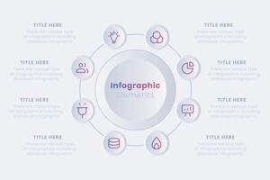 Neumorphic infographic design template. Ring-like chart with 8 steps of the manufacturing cycle. vector
