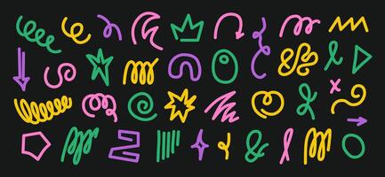 90s. Abstract colorful doodle and scribble shapes. Modern playful childish minimalist figures, squiggles, strokes, lines. Memphis inspired background. Graffiti. Retro nostalgia. . vector