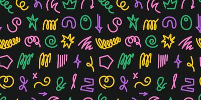 Abstract colorful doodle and scribble seamless pattern. 90s retro. Modern playful childish figures, squiggles, strokes, lines. Memphis inspired background, banner, wallpaper. Graffiti. . vector