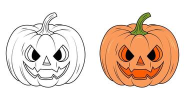A set of contoured and colored pumpkins. Scary pumpkin for Halloween. Coloring book vector