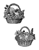 Silhouette of a basket filled with various vegetables and fruits on a white background vector