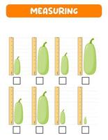 Measuring length with ruler. Education developing worksheet. practice sheets. Courgette measurement in inches vector