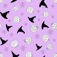 Seamless pattern with white pumpkin, witch hat, spider web on lilac background vector