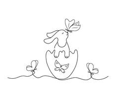 Minimalistic art of a cute Easter bunny with butterflies. Sketch. Design for coloring page. Hand drawn illustration. vector