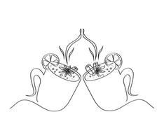 Two cups with hot drink drawn with one line. Sketch. Continuous line drawing mulled wine. Holiday illustration. vector