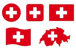 Denmark flag symbols set. White cross on red background . Round, square, waving rectangle and Danish map shape banner. Copenhagen symbol. Scandinavia icon. vector