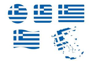 Greece flag symbols set. Blue and white colors. Round, square, waving rectangle and Greek map shape banner. Athens symbol. vector