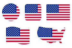 USA flag illustration set. Los Angeles and New York symbol. English language sign. Round, square, waving rectangle and American map shape banner. vector