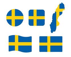 Finland flag symbols set. Blue cross and white colors. Round, square, waving rectangle and Finnish map shape banner. Helsinki symbol. vector