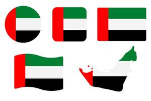 UAE flag symbols set. Green, white, black and red colors. Round, square, waving rectangle and Emirates map shape banner. Dubai and Abu Dhabi symbol. vector