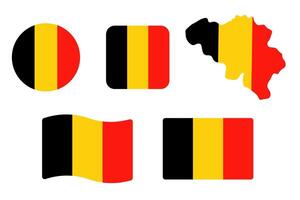 Belgium flag symbols set. Black, red and yellow colors. Round, square, waving rectangle and Belgian map shape banner. Brussels symbol. vector