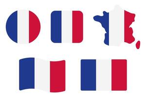 France flag symbols set. Blue, white and red colors. Round, square, waving rectangle and French map shape banner. Paris symbol. vector