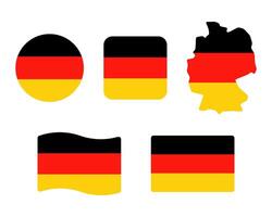 Germany flag symbols set. Black, red and yellow colors. Round, square, waving rectangle and german map shape banner. Berlin symbol. vector