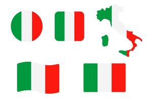 Italy flag symbols set. Green, red and white colors. Round, square, waving rectangle and Italian map shape banner. Rome symbol. vector