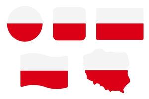 Poland flag symbols set. Black, red and yellow colors. Round, square, waving rectangle and polish map shape banner. Warsaw symbol. vector