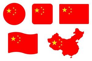 China flag symbols set. Red background with yellow stars. Round, square, waving rectangle and Chinese map shape banner. Beijing and Bangkok symbol. vector