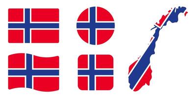 Norway flag symbols set. Blue cross on red background . Round, square, waving rectangle and Norwegian map shape banner. Oslo symbol. Scandinavia icon. vector