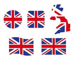 Great Britain flag illustration set. London symbol.English language sign. Round, square, waving rectangle and British map shape banner. vector