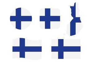 Finland flag symbols set. Blue cross and white colors. Round, square, waving rectangle and Finnish map shape banner. Helsinki symbol. vector