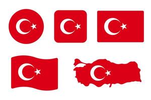Turkey flag symbols set. Red background with moon and star . Round, square, waving rectangle and Turkish map shape banner. Ankara and Istanbul symbol. vector
