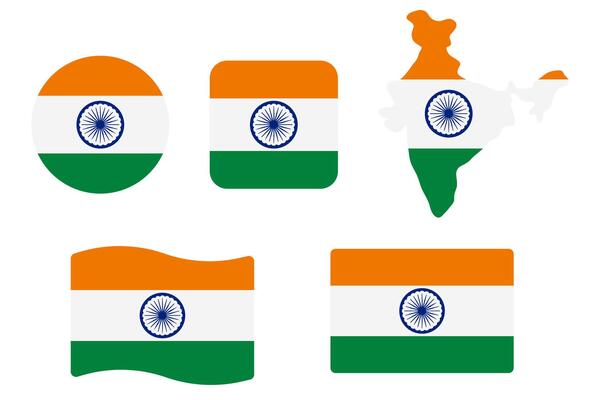 India flag symbols set. Orange, white and green colors with Ashoka Chakra. Round, square, waving rectangle and Indian map shape banner. New Delhi symbol.
