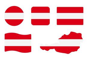 Austria flag symbols set. White and red colors. Round, square, waving rectangle and Austrian map shape banner. Vienna symbol. vector