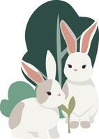 Two rabbits sitting next to each other in the grass vector
