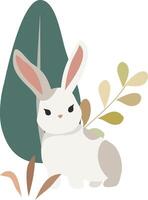 A cartoon rabbit sitting next to a leaf vector