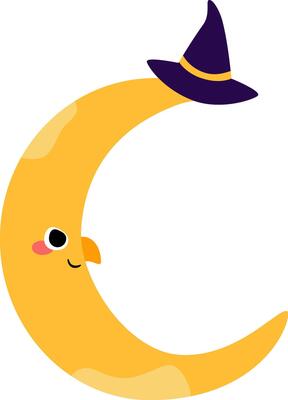 Smiling Crescent Moon with Witch Hat