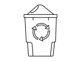 Hand drawn cute outline illustration of green garbage can with wheel. Flat recycling trash bin, environmental pollution line art doodle style. Ecology sticker, icon. Waste sorting. Isolated. vector
