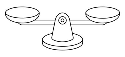 Hand drawn cute outline illustration balance scales. Flat mass measurement device line art doodle. Equal in weight bowls icon, print. Justice and law concept. Equilibrium and control. Isolated. vector