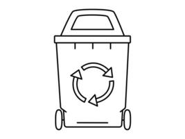 Hand drawn cute outline illustration of big garbage can with wheel. Flat trash bin, environmental pollution design in line art doodle style. Ecology sticker, icon. Rubbish disposal. Isolated. vector