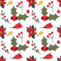 New Year pattern. New Year hand drawn berries, red berries, green leaves on white background for Christmas and winter paper and textile print. vector