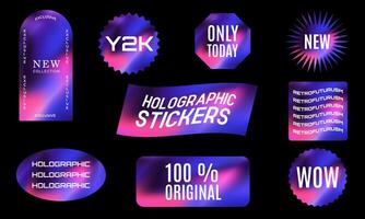 a set of bright iridescent holographic retro stickers, shiny emblems of different shapes vector