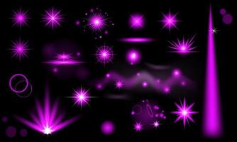 set of pink neon light effects, sparks, rays, bokeh and stars vector